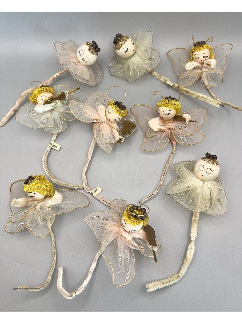 Vintage Spun Cotton Angel Ornaments Lot 8 Mid Century Japan Tulle Chenille MCM